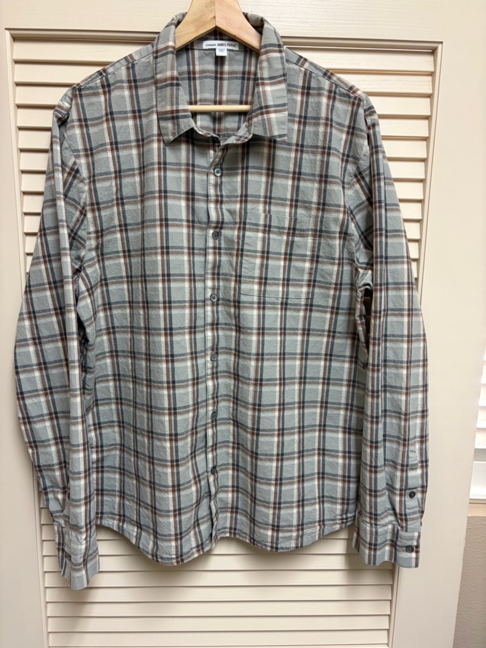 James Perse Standard Plaid Shirt Mens 3 Large Gray Brown Cotton Button Up LS